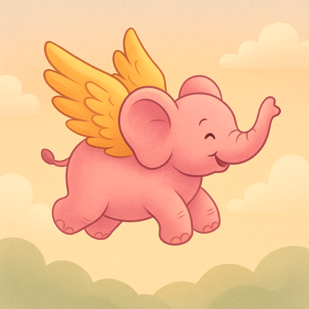 Elefante rosa volante cucciolo, con ali dorate e piccole zanne