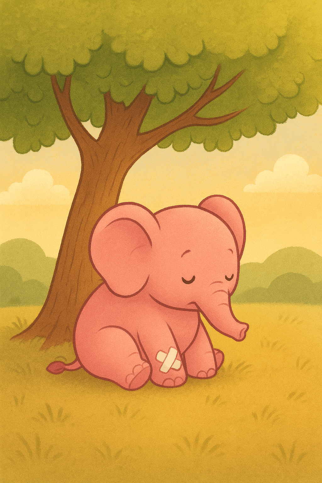 Elefante rosa volante con ali dorate, proboscite e piccole zanne ferito e rannicchiato sotto un albero