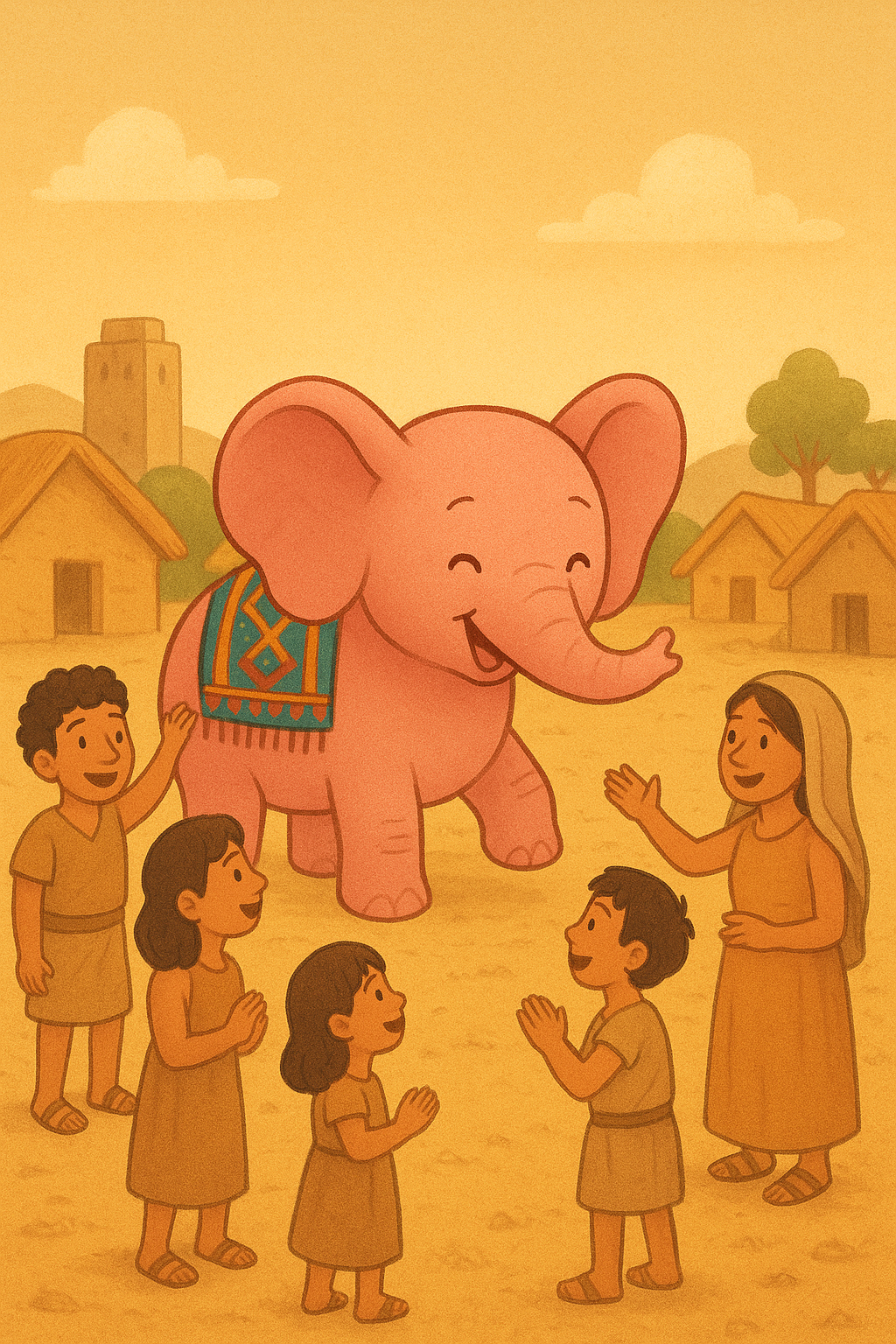 Elefante rosa volante con ali dorate, lunga proboscite e zanne, con abitanti contenti che festeggiano