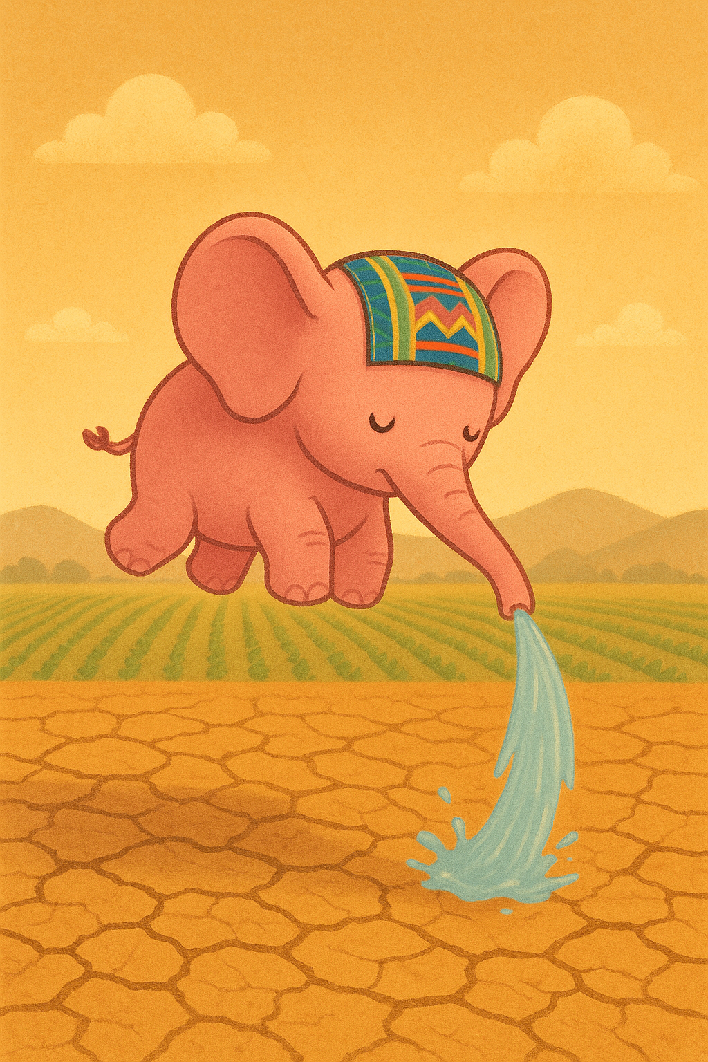 Elefante rosa volante con ali dorate, proboscite e zanne, che irriga i campi aridi del Guatemala